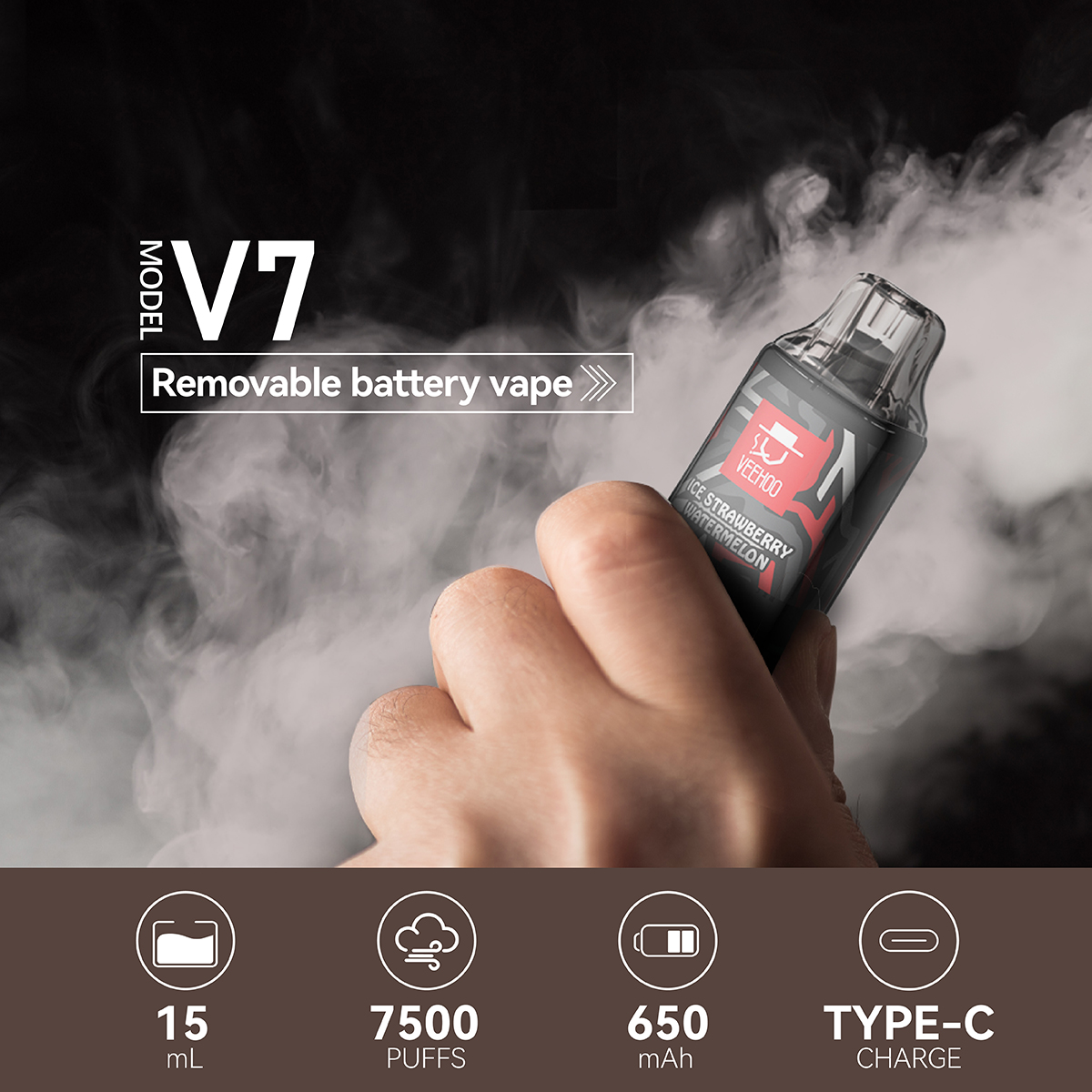 V7 7500puff Disposable vape User replaceable battery